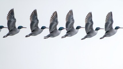 Obraz premium Eight birds in synchronized flight, wings spread, against a bright sky