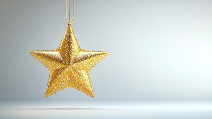 Glittering gold star ornament hanging against a light grey background
