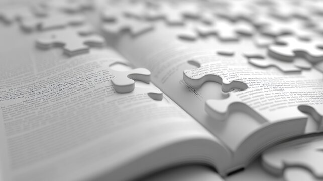 Open book with puzzle pieces forming missing words, representing knowledge gaps or incomplete information