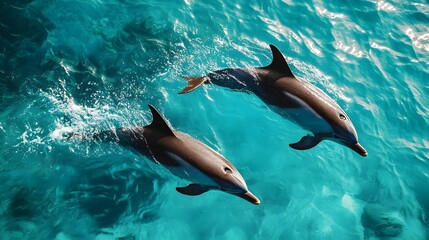 Naklejka premium Playful Dolphins Leaping in Turquoise Ocean Waters Showcasing Oceanic Harmony