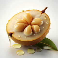 A Glistening, Halved Buah Keras Reveals Its Succulent, Golden Segments, Dripping With Rich Oil, A Symbol Of Natures Bounty And Vibrant Health, Showcasing Dewy Freshness And Natural Light