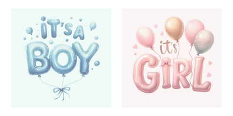 Cute baby shower watercolor invitation card. Its a girl, Its a boy card with pink and blue balloon.