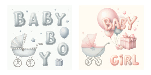 Cute baby shower watercolor invitation card. Its a girl, Its a boy card with pink and blue balloon.