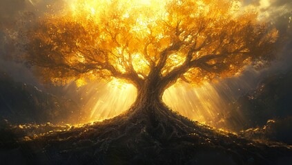 Majestic Tree with Expansive Roots Symbolizing Nature's Strength and Depth of Life Connection, Sunlight Filtering Through Leaves Creating Enchanting Atmosphere