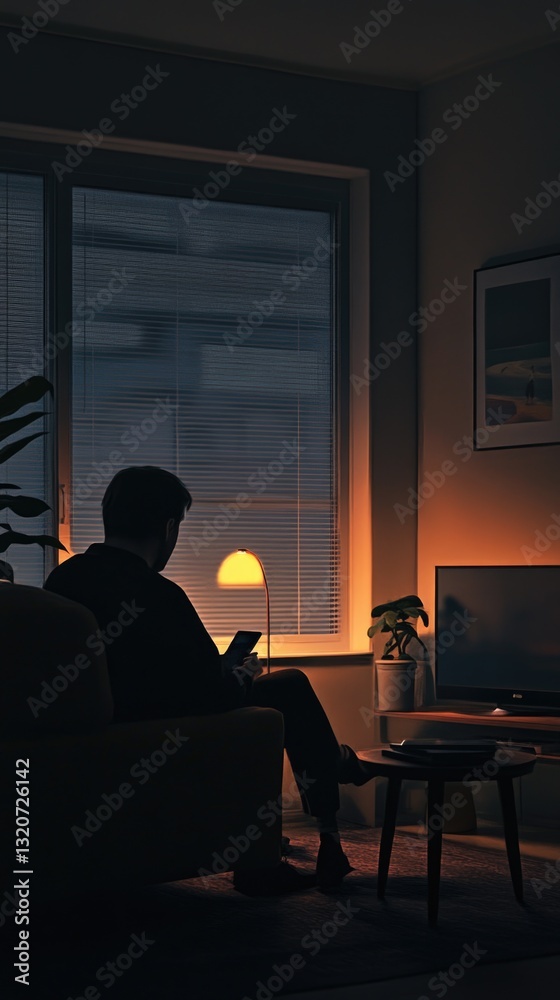 Poster A person sits on a couch in a dark room, lit only by soft light