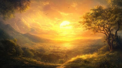 Naklejka premium A heavenly sunrise casting a golden glow over a peaceful landscape, spiritual ambiance, soft dreamy tones