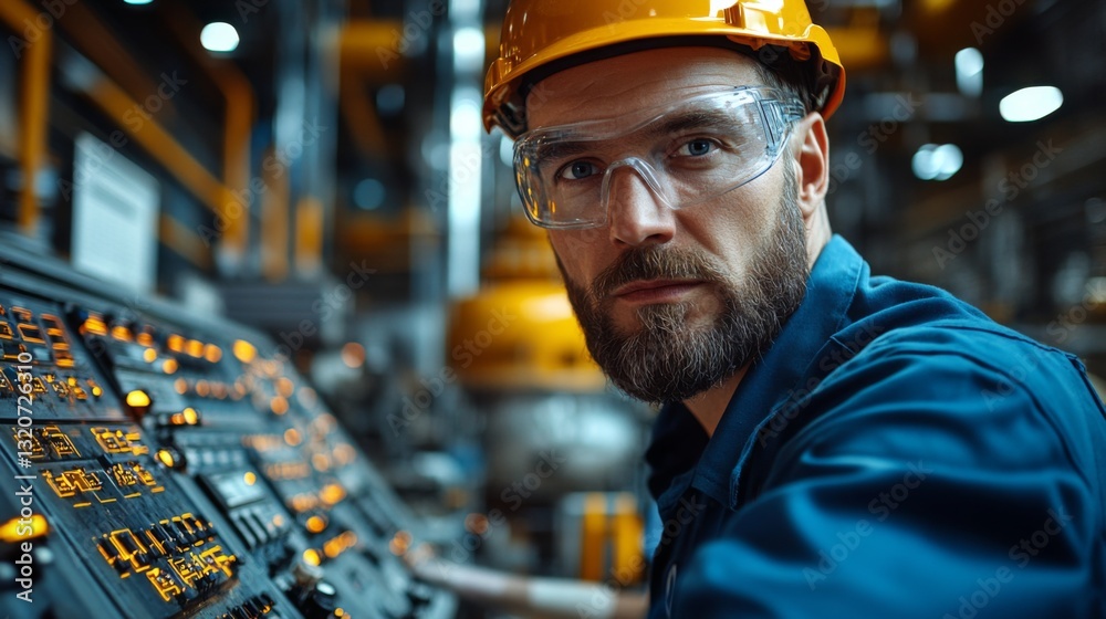 Poster A skilled worker in a hard hat and safety goggles operates automated control systems in a busy manufacturing facility. The environment is well-lit and equipped with advanced technology.
