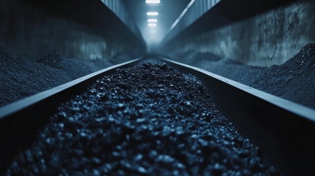 Dark, enclosed space with two parallel tracks filled with dark granular material