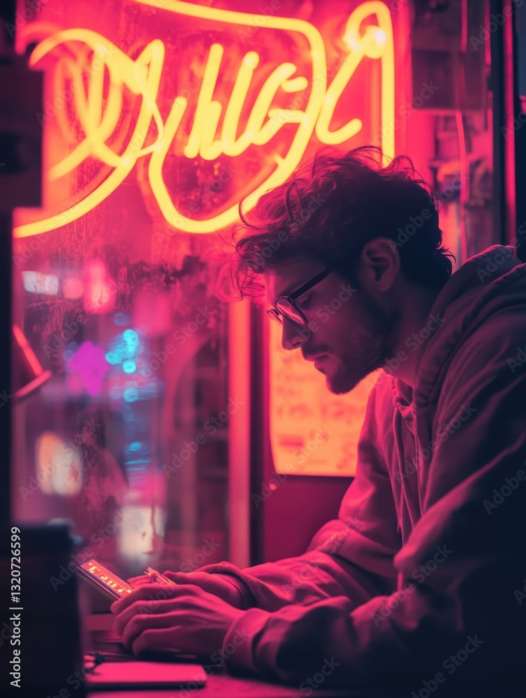 Poster a person sits in front of a laptop, possibly working or browsing