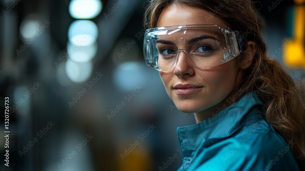 Poster a female engineer in safety glasses is focused on automated processes in a petrochemical refinery. a