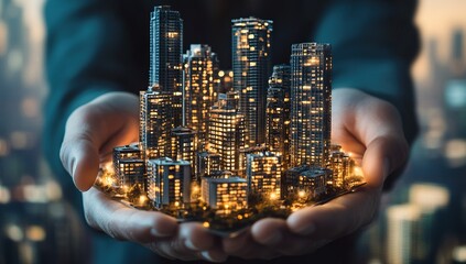 A person holding up an intricate model of city buildings and residential areas, representing real estate development or construction work.