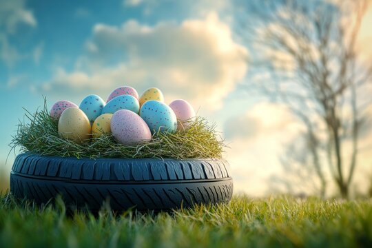 Decorated Easter eggs arranged in a grass nest on a black tire under a scenic sky
