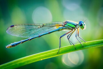 Azure Damselfly on Blade of Grass: Coenagrion puella Macro Photography