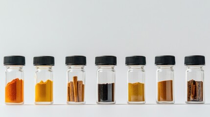 Seven small glass vials, each containing a different spice, neatly arranged