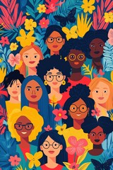 Group of diverse women surrounded by colorful tropical flowers and butterflies celebrating international women's day. Ai generated