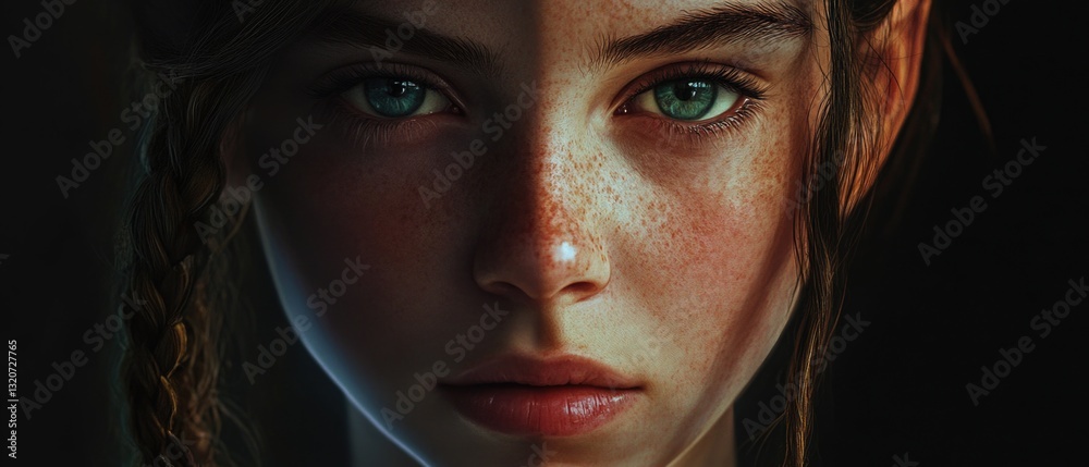 Poster a close-up shot of a woman's face with visible freckles, suitable for use in personal or professiona