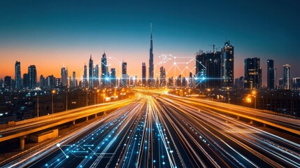 Obraz premium A cutting-edge smart city infrastructure visualization with glowing roads and G connections