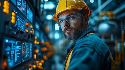 An engineer in safety gear closely observes automation systems in a chemical manufacturing plant.