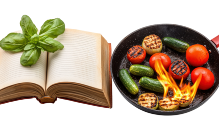 Vintage Cookbook and Grilled Vegetables with Flames