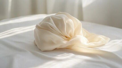 Soft, creamy off-white fabric bunched on a white surface, lit by sunlight
