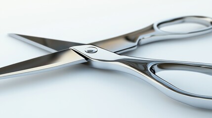 Polished metal scissors with sharp blades, open and positioned on a bright surface