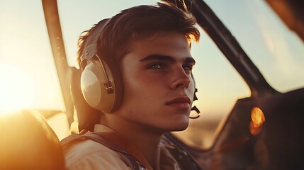 Young Pilot Gazing Out Airplane Window at Sunset