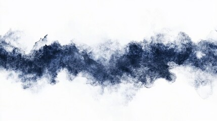 Abstract dark blue ink wash painting, textured, horizontal, smoky, cloud-like, on white background