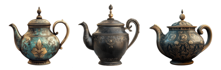 An Array of Vintage Teapots: Exploring Distinct Designs and Colors from Different Eras, Featuring Intricate Patterns and Unique Craftsmanship
