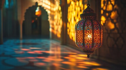 Obraz premium Intricate, colorful lantern illuminates a dimly lit hallway with patterned walls