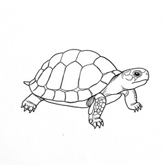 A turtle. Drawn with black lines. Black and white image.
