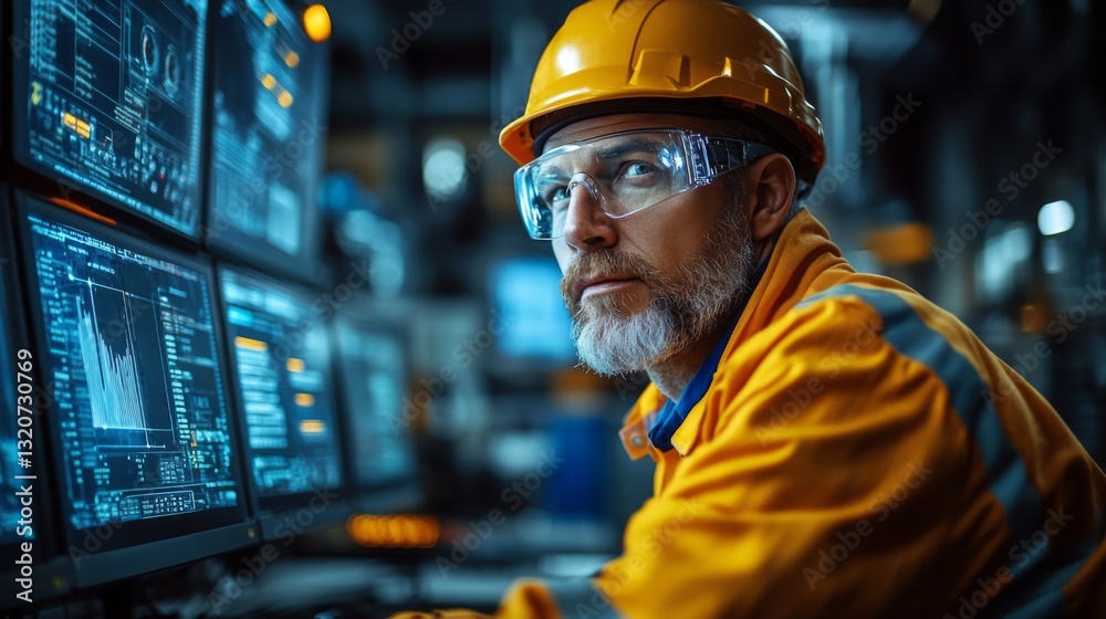 Poster An experienced engineer observes multiple screens displaying automation data in a modern manufacturing facility. The environment is focused on industry efficiency and safety.