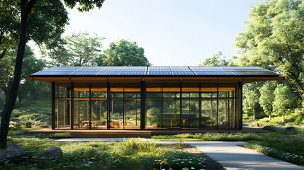 A glass pavilion with a solar panel roof located in a park, combining modern architecture with eco-friendly energy solutions and surrounded by nature.A glass pavilion with a solar panel roof located i
