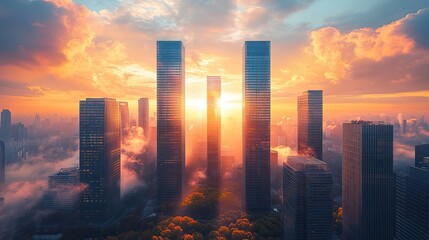 Obraz premium Steel and glass skyscrapers, reflecting the setting sun's warm glow, dominate a bustling business district's skyline, powerfully imaging modern architecture and urban development.