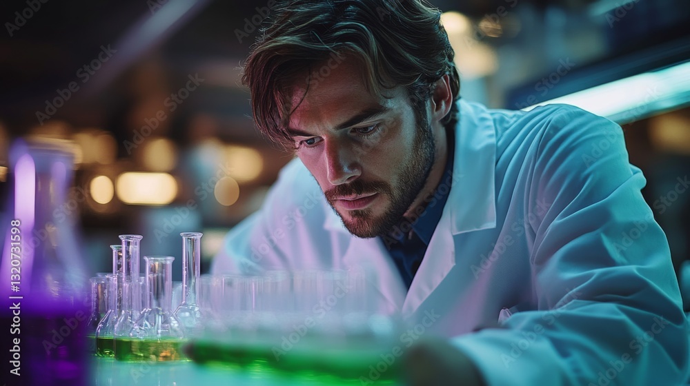 Poster a focused engineer in a lab coat examines various glass beakers containing vibrant chemical solution