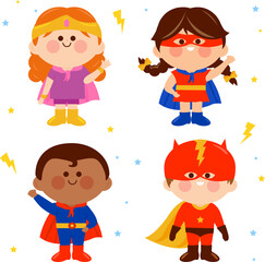 Happy Super hero children, girl and boys. Cartoon kids in carnival uniforms and masks. Characters set. Strong active kids with super powers in super hero costumes and capes. Vector illustration