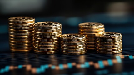 Successful investment in digital currency is shown by stacked gold Bitcoin coins on a positively growing financial chart.