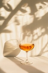 Obraz premium Amber Liquid in Glass with Sunlight and Leaf Shadows