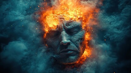 Suffering burnout, a businessman with exploding head and cracked face has stress, headache and migraine - an exploding mind.