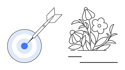 Bullseye with an arrow and a blooming flowerbed illustrating focus, achievement, and flourishing progress. Ideal for growth, success, goals, nature, focus optimism motivation. Flat simple metaphor