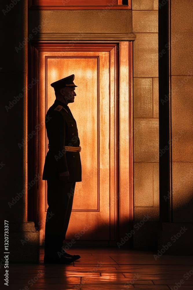Poster a man in military or work uniform stands in front of a door, potentially waiting for access