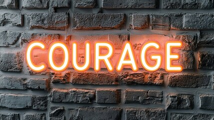 Bright neon 'COURAGE' sign glowing against a textured brick wall.