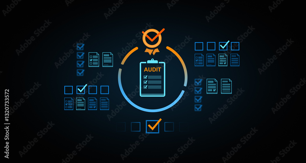 Poster audit process concept with checklist and verification icons in futuristic 3d rendering. 3d rendering