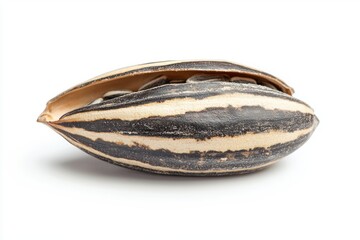 Striking studio shot of an open sunflower seed shell on a clean white background highlighting grain beauty