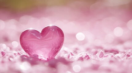 Fototapeta premium A glistening pink glass heart rests on a bed of soft pink petals, bathed in soft light
