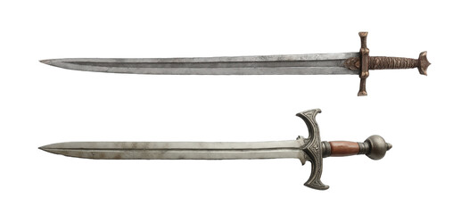 A Detailed View of Two Distinct Medieval Swords Featuring Intricate Designs and Polished Blades, Reflecting Historical Artistry and Craftsmanship