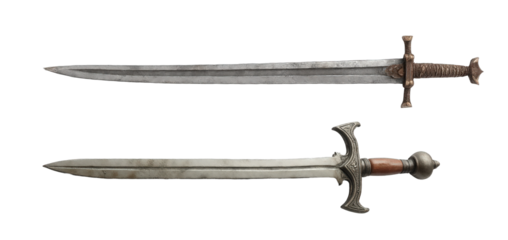 A Detailed View of Two Distinct Medieval Swords Featuring Intricate Designs and Polished Blades, Reflecting Historical Artistry and Craftsmanship