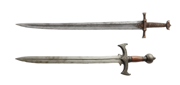 A Detailed View of Two Distinct Medieval Swords Featuring Intricate Designs and Polished Blades, Reflecting Historical Artistry and Craftsmanship