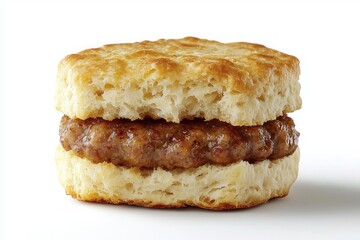 Flaky Biscuit and Savory Sausage Patty Delight on White Backdrop Mouthwatering Culinary Close Up