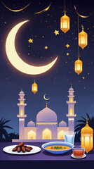 Ramadan celebration with mosque decorated with glowing lanterns crescent moon dates fruits and iftar dinner scene arabic theme islamic ramadhan poster