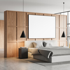 Modern bedroom interior with large blank poster on wooden wall. 3D Rendering